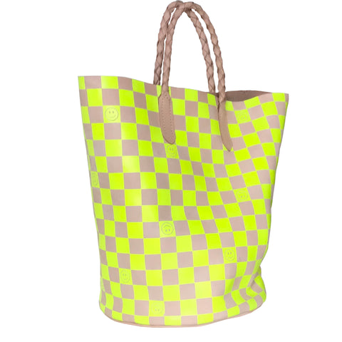 Large tote in neon yellow check