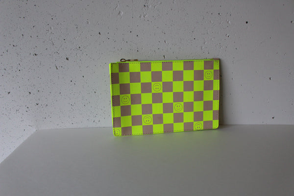 Neon Yellow Smiley Check Clutch - Medium