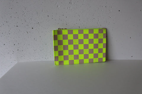 Neon Yellow Smiley Check Clutch - Medium