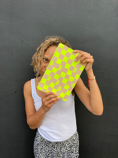Neon Yellow Eye and Eye Check Clutch - Medium