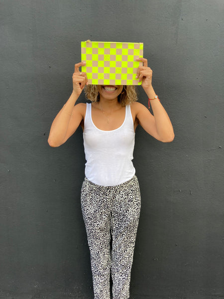 Neon Yellow Smiley Check Clutch - Medium